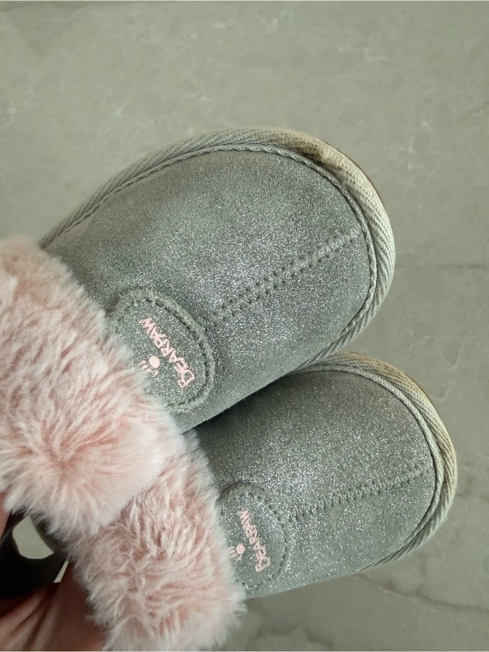 BearPaw Kids Grey Slip-On Shoes with Pink Faux-Fur Collar